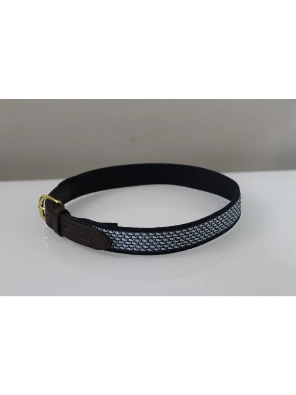 Vineyard Vines Blue Micro Whale Print Canvas Belt Youth 28 Leather Brass Buckle
